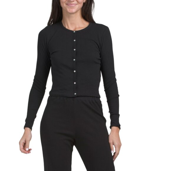 GOLDIE TEE Black Long Sleeve Pointelle Crop Cardigan